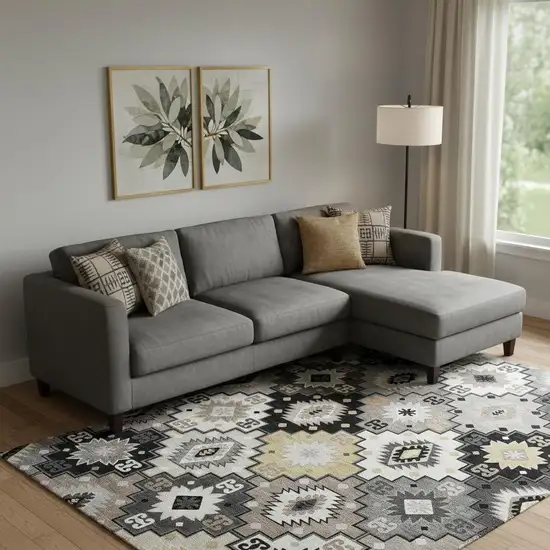 Black And Gray Geometric Washable Area Rug With UV Protection Photo 2