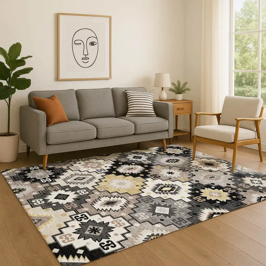 Black And Gray Geometric Washable Area Rug With UV Protection Photo 5