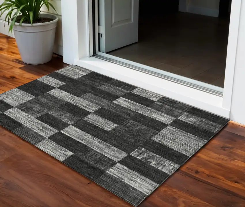 Black And Gray Geometric Washable Indoor Outdoor Area Rug Photo 1