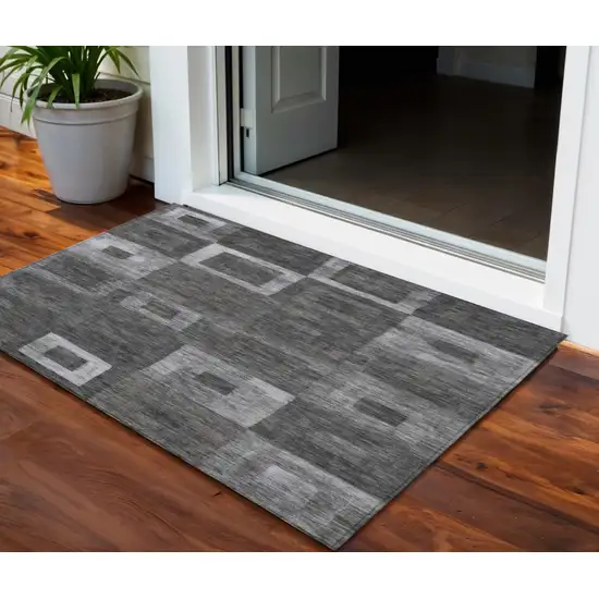 Black And Gray Geometric Washable Indoor Outdoor Area Rug Photo 1