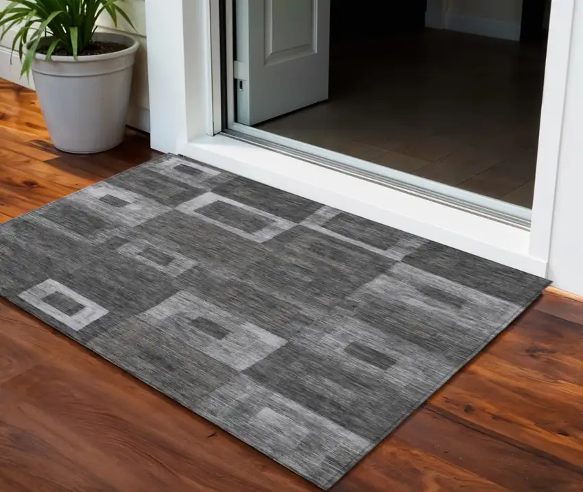 Black And Gray Geometric Washable Indoor Outdoor Area Rug Photo 1