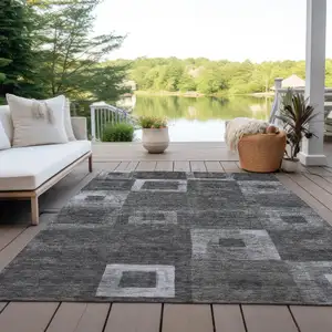 Photo of Black And Gray Geometric Washable Indoor Outdoor Area Rug