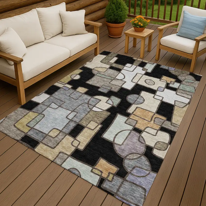 Black And Gray Geometric Washable Indoor Outdoor Area Rug Photo 7