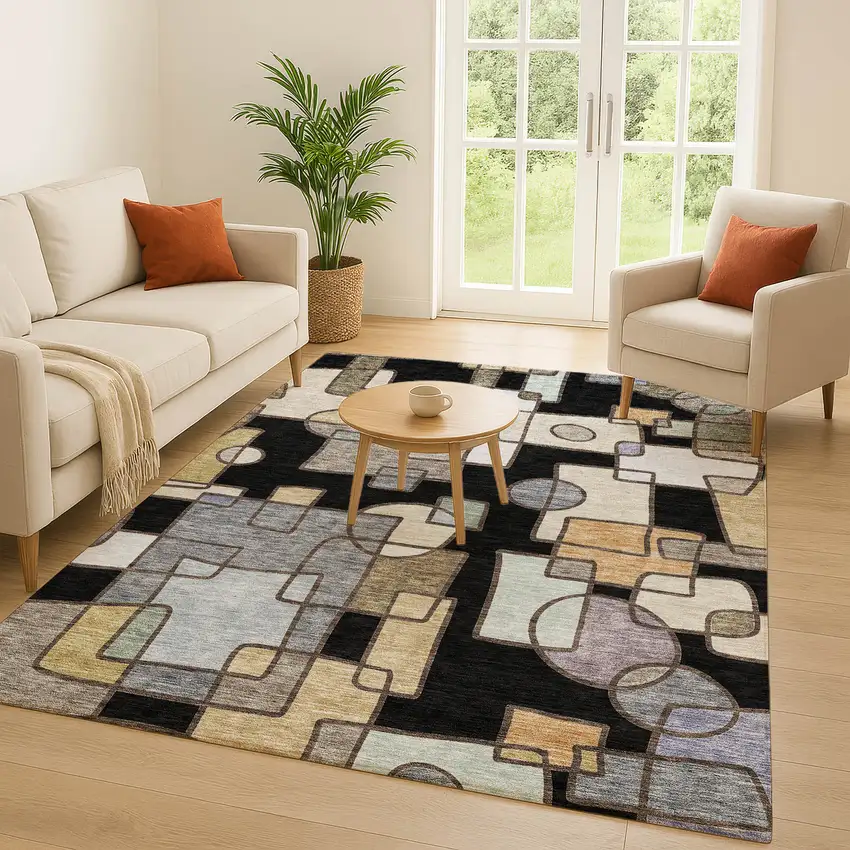 Black And Gray Geometric Washable Indoor Outdoor Area Rug Photo 5