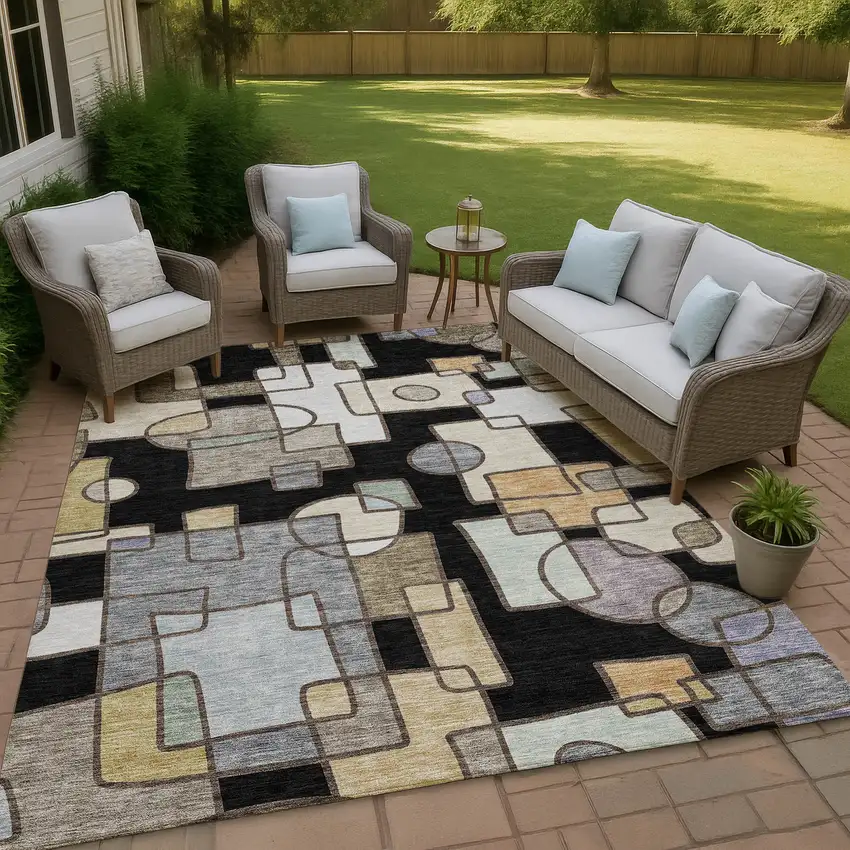 Black And Gray Geometric Washable Indoor Outdoor Area Rug Photo 4