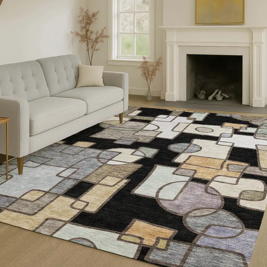 Black And Gray Geometric Washable Indoor Outdoor Area Rug Photo 6