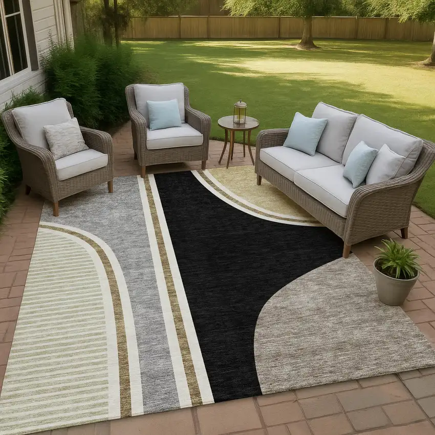 Black And Gray Geometric Washable Indoor Outdoor Area Rug Photo 4