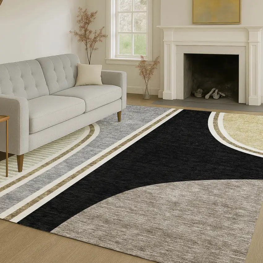 Black And Gray Geometric Washable Indoor Outdoor Area Rug Photo 6
