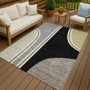 Photo of Black And Gray Geometric Washable Indoor Outdoor Area Rug