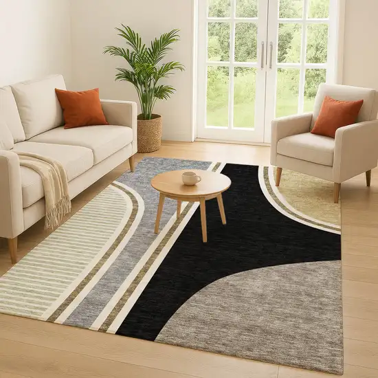 Black And Gray Geometric Washable Indoor Outdoor Area Rug Photo 5