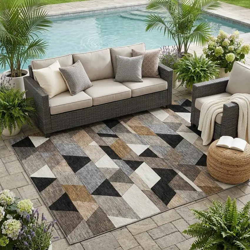 Black And Gray Geometric Washable Indoor Outdoor Area Rug Photo 1