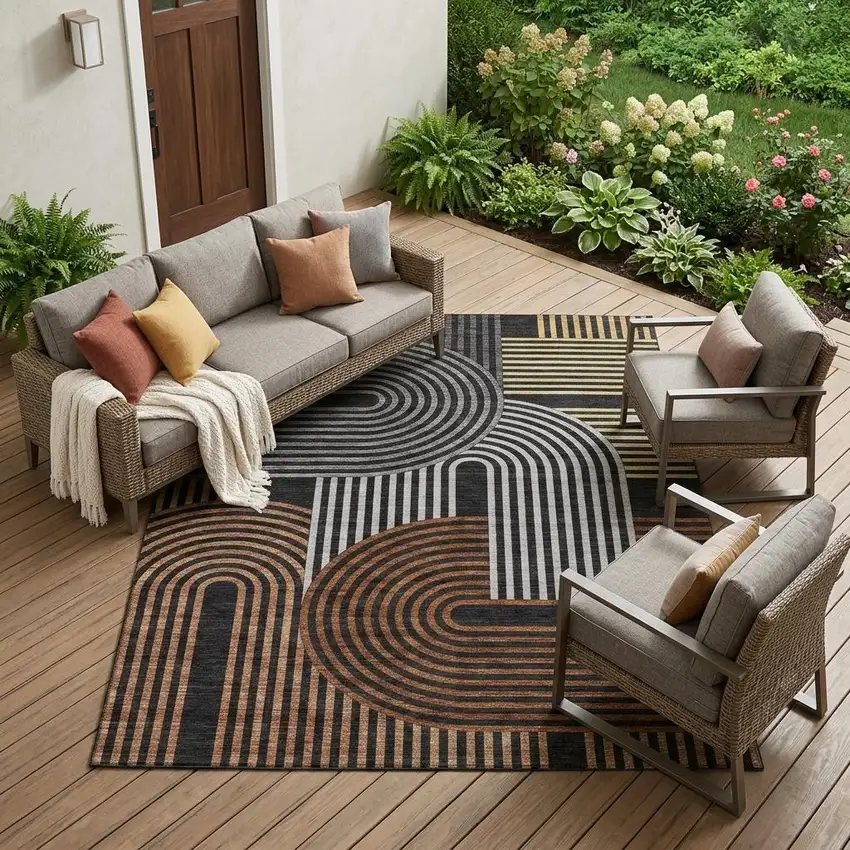 Black And Gray Geometric Washable Indoor Outdoor Area Rug Photo 1