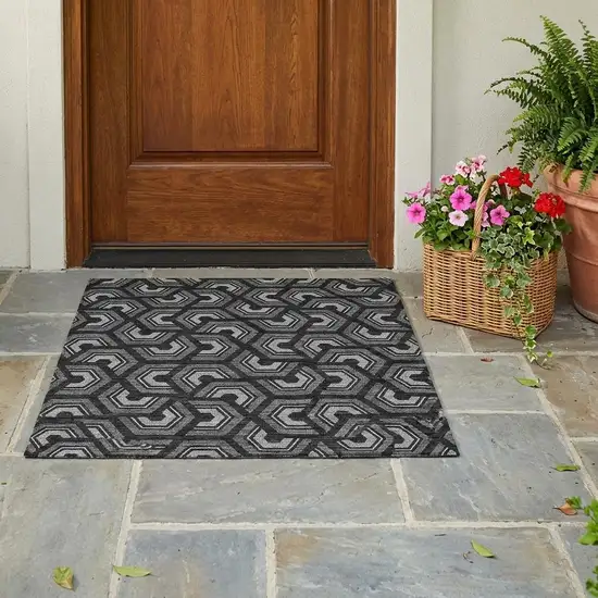Black And Gray Geometric Washable Indoor Outdoor Area Rug Photo 1