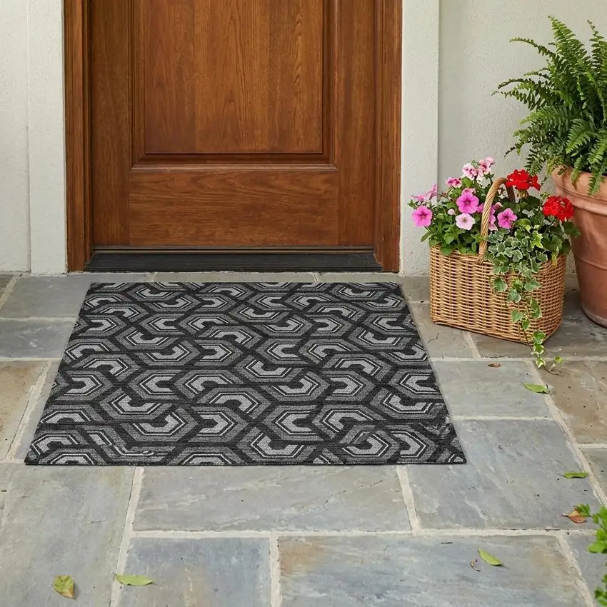 Black And Gray Geometric Washable Indoor Outdoor Area Rug Photo 1