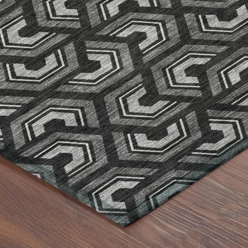 Black And Gray Geometric Washable Indoor Outdoor Area Rug Photo 5