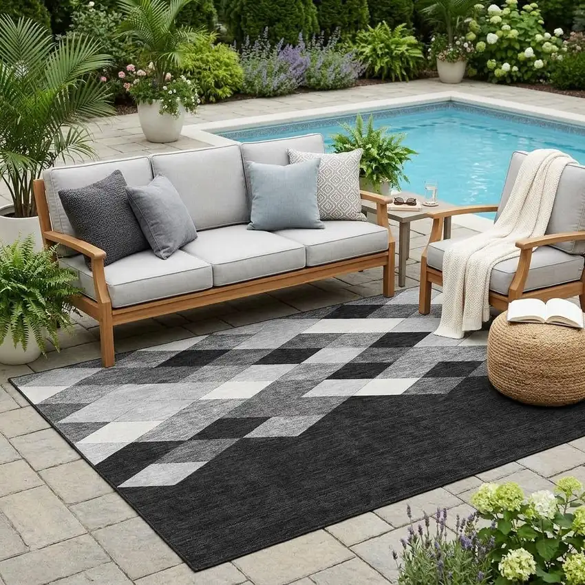 Black And Gray Geometric Washable Indoor Outdoor Area Rug Photo 1