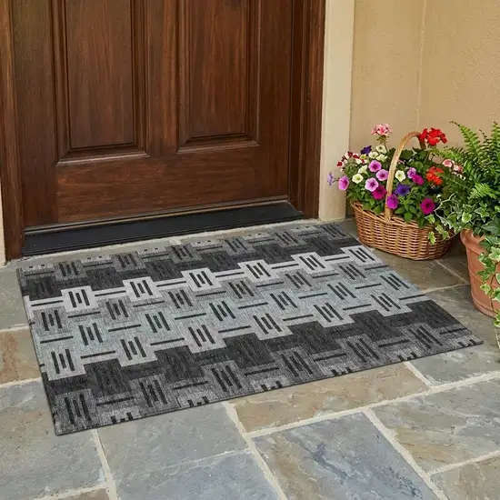 Black And Gray Geometric Washable Indoor Outdoor Area Rug Photo 1