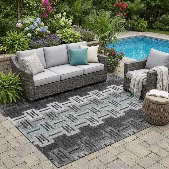 Black And Gray Geometric Washable Indoor Outdoor Area Rug Photo 1