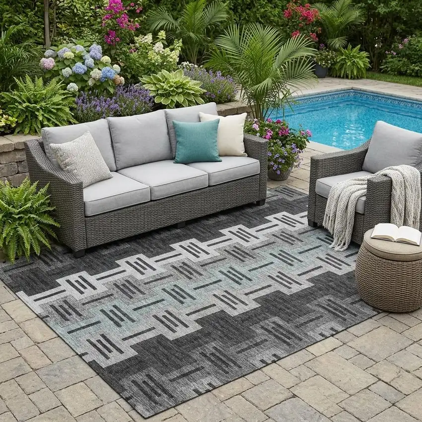 Black And Gray Geometric Washable Indoor Outdoor Area Rug Photo 1