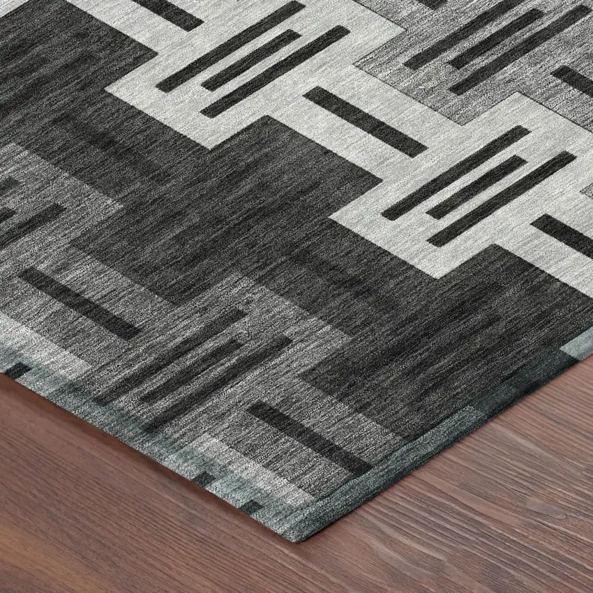 Black And Gray Geometric Washable Indoor Outdoor Area Rug Photo 5