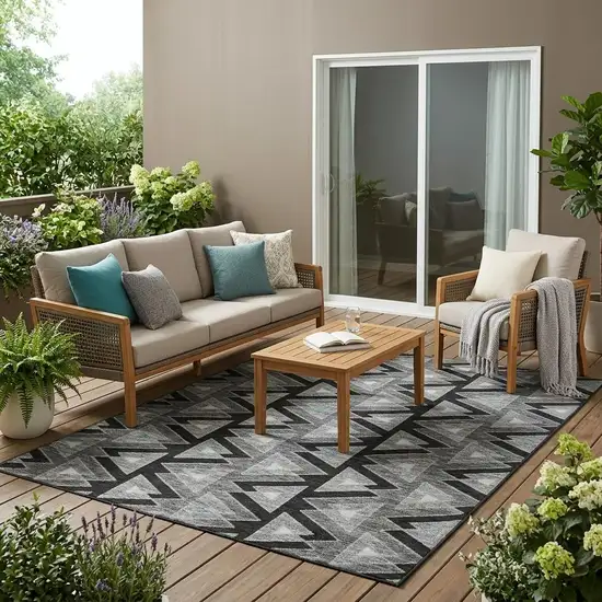 Black And Gray Geometric Washable Indoor Outdoor Area Rug Photo 1