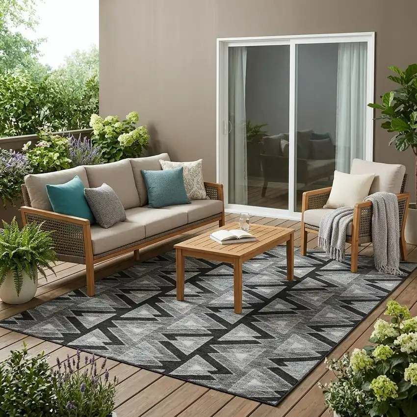 Black And Gray Geometric Washable Indoor Outdoor Area Rug Photo 1