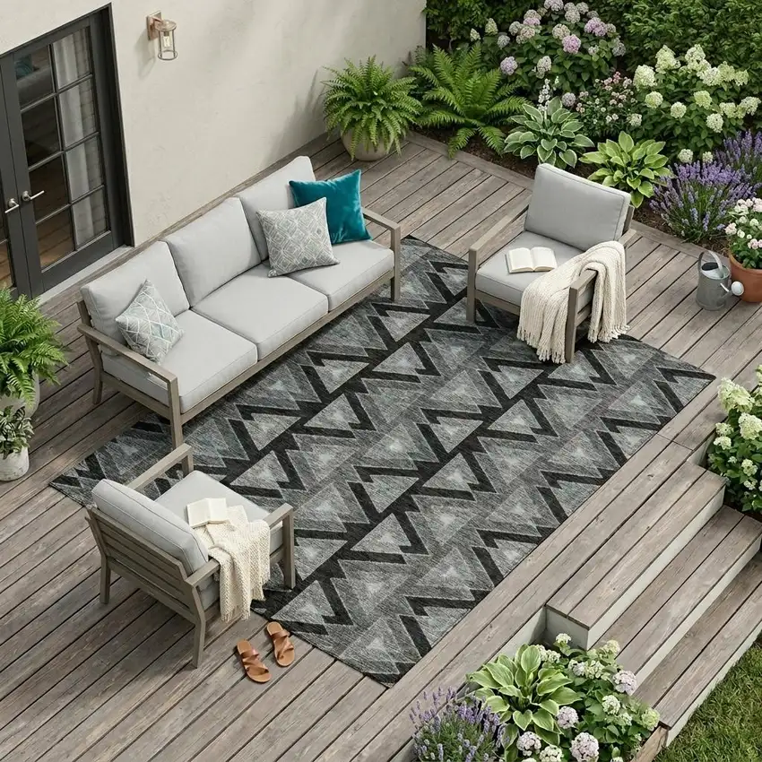 Black And Gray Geometric Washable Indoor Outdoor Area Rug Photo 1