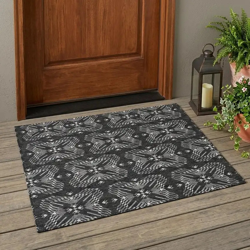 Black And Gray Geometric Washable Indoor Outdoor Area Rug Photo 1