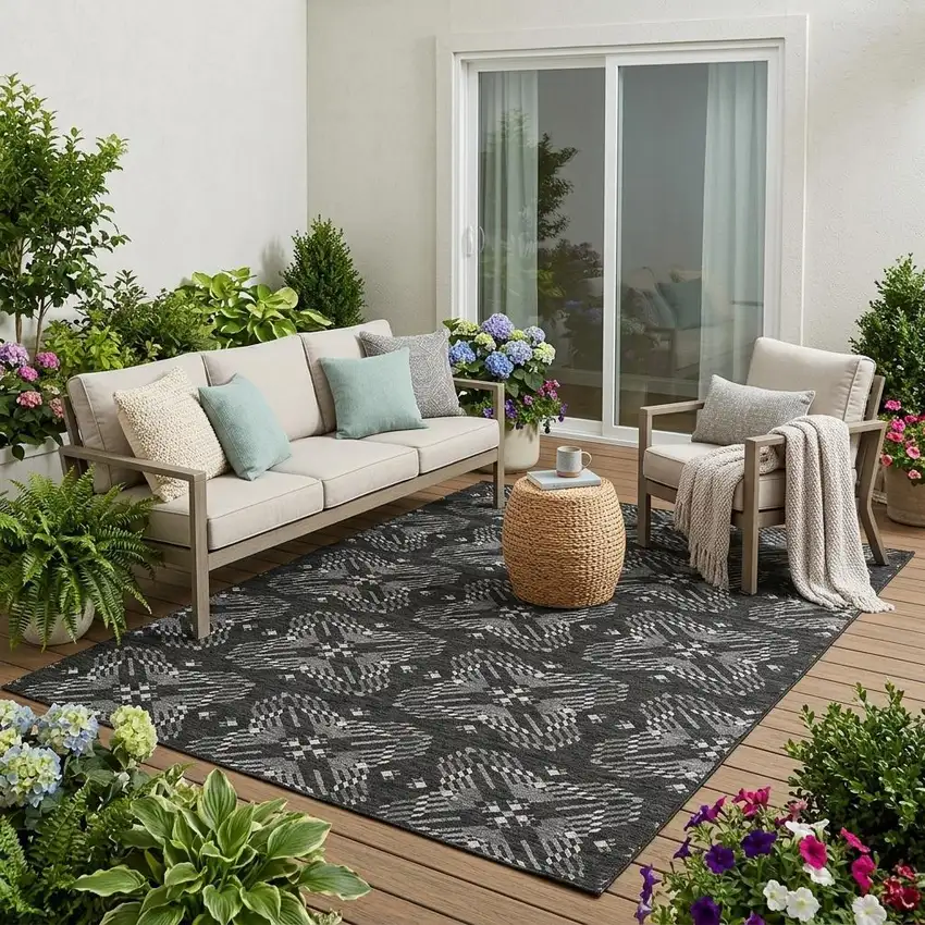 Black And Gray Geometric Washable Indoor Outdoor Area Rug Photo 1