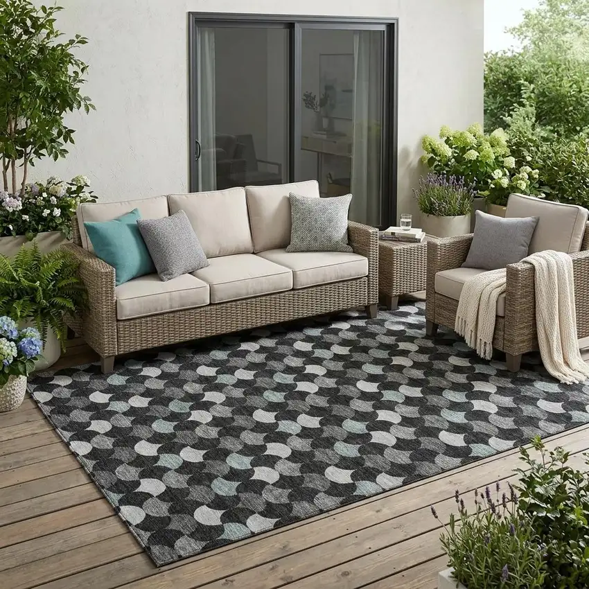 Black And Gray Geometric Washable Indoor Outdoor Area Rug Photo 1