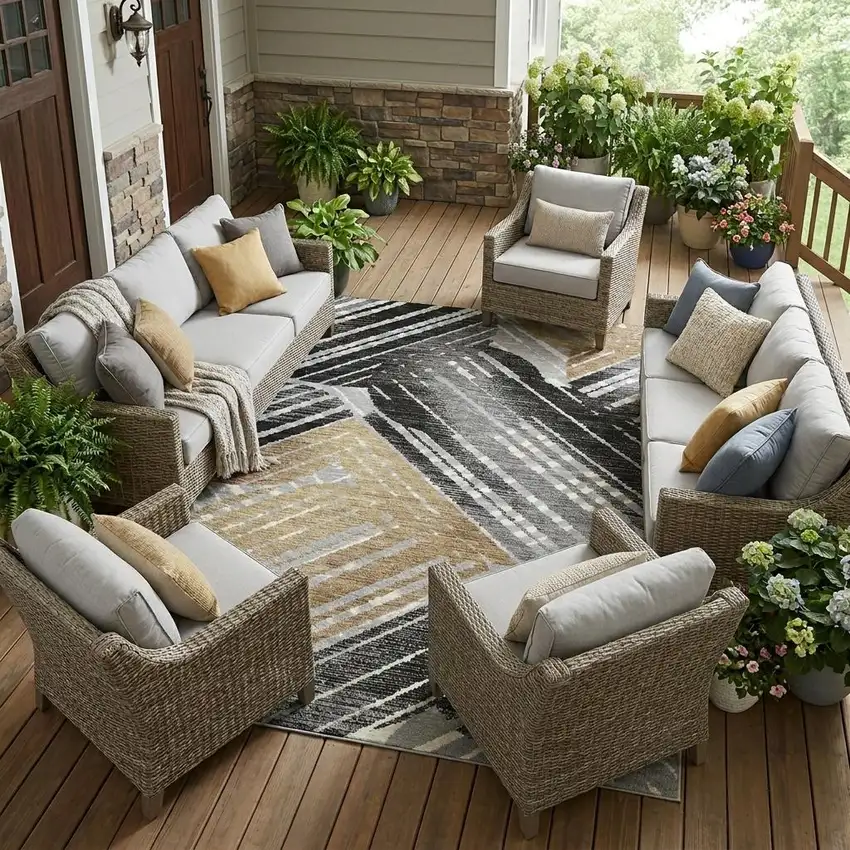 Black And Gray Geometric Washable Indoor Outdoor Area Rug Photo 1