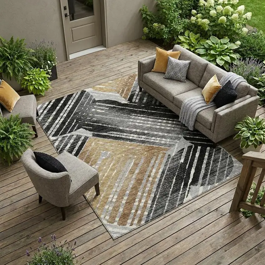 Black And Gray Geometric Washable Indoor Outdoor Area Rug Photo 1