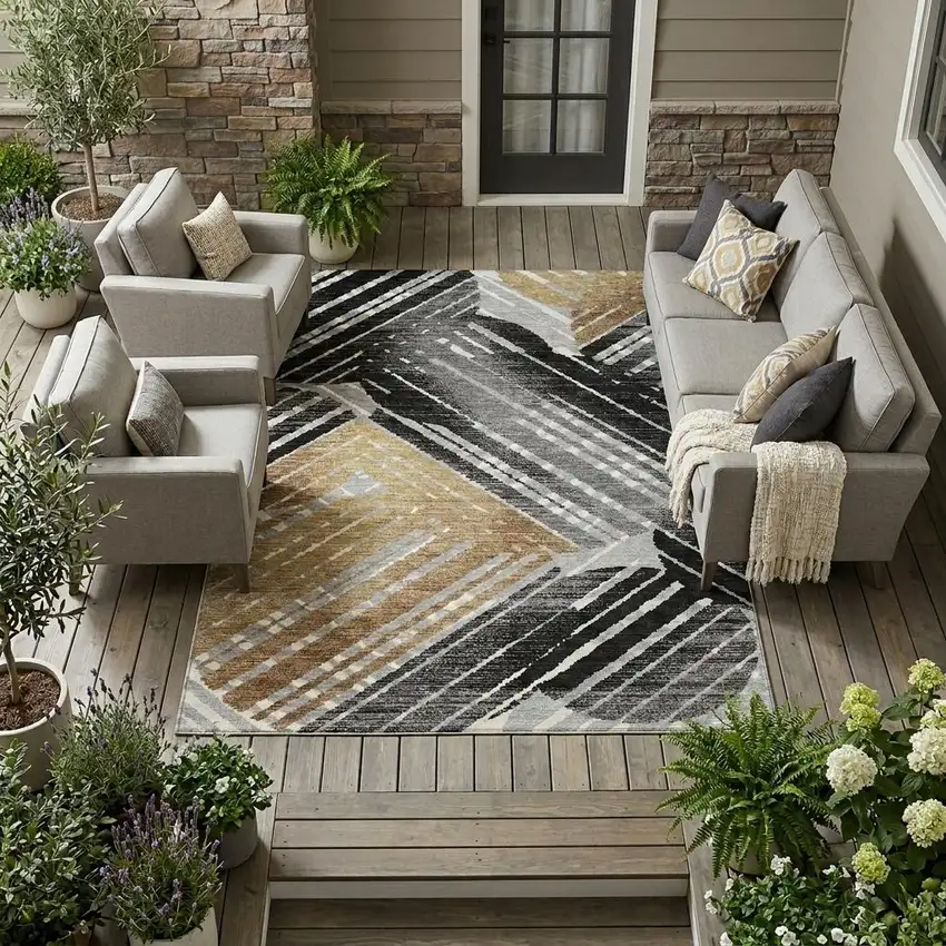 Black And Gray Geometric Washable Indoor Outdoor Area Rug Photo 1