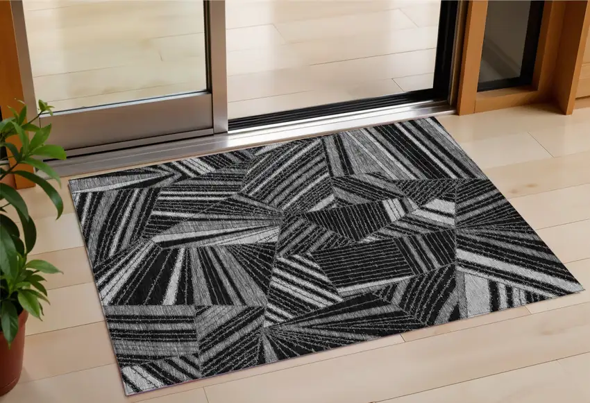 Black And Gray Geometric Washable Indoor Outdoor Area Rug Photo 1