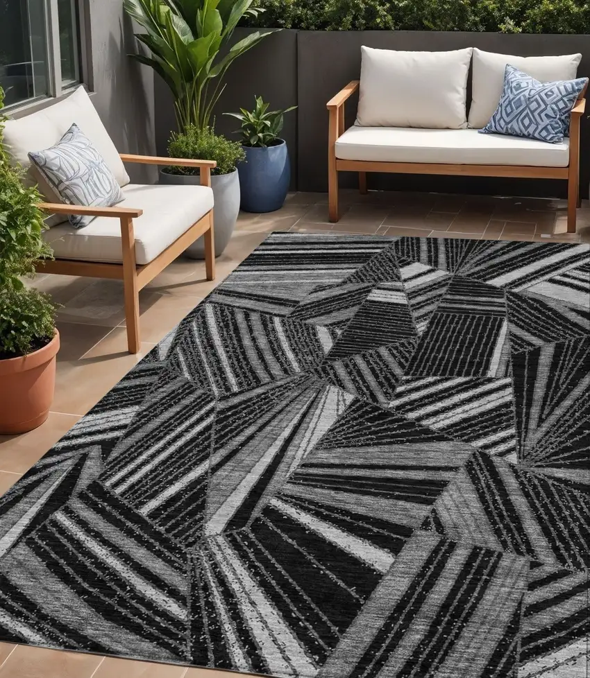 Black And Gray Geometric Washable Indoor Outdoor Area Rug Photo 1