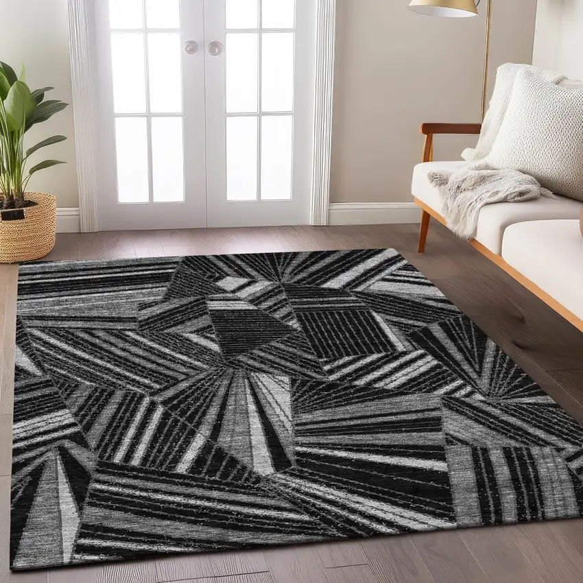 Black And Gray Geometric Washable Indoor Outdoor Area Rug Photo 9