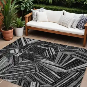 Photo of Black And Gray Geometric Washable Indoor Outdoor Area Rug