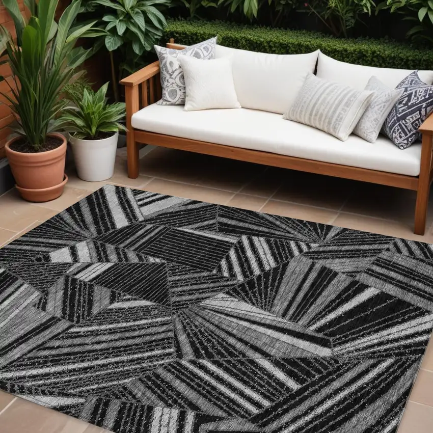 Black And Gray Geometric Washable Indoor Outdoor Area Rug Photo 1