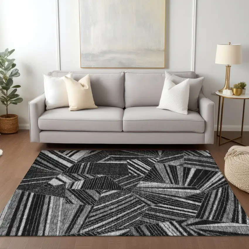 Black And Gray Geometric Washable Indoor Outdoor Area Rug Photo 9