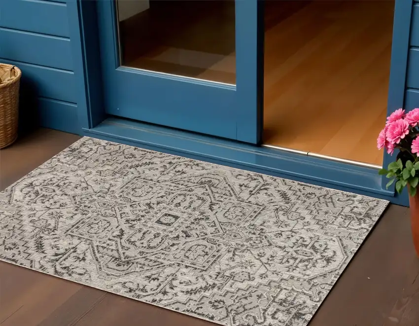 Black And Gray Medallion Indoor Outdoor Area Rug Photo 1