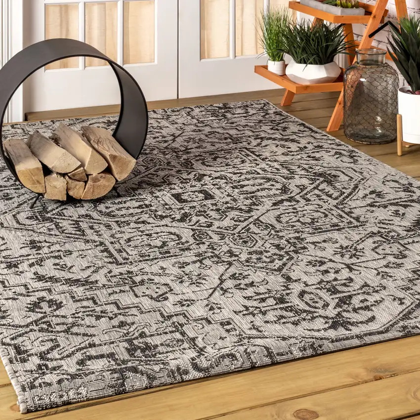 Black And Gray Medallion Indoor Outdoor Area Rug Photo 5
