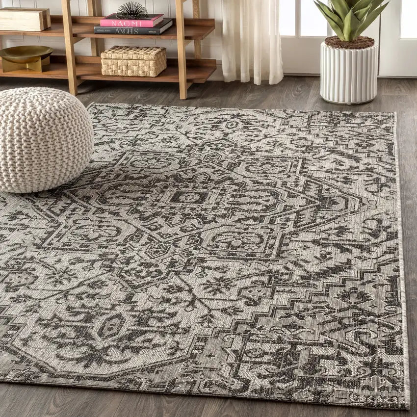 Black And Gray Medallion Indoor Outdoor Area Rug Photo 6