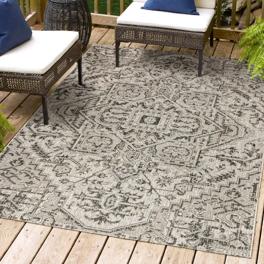 Black And Gray Medallion Indoor Outdoor Area Rug Photo 9