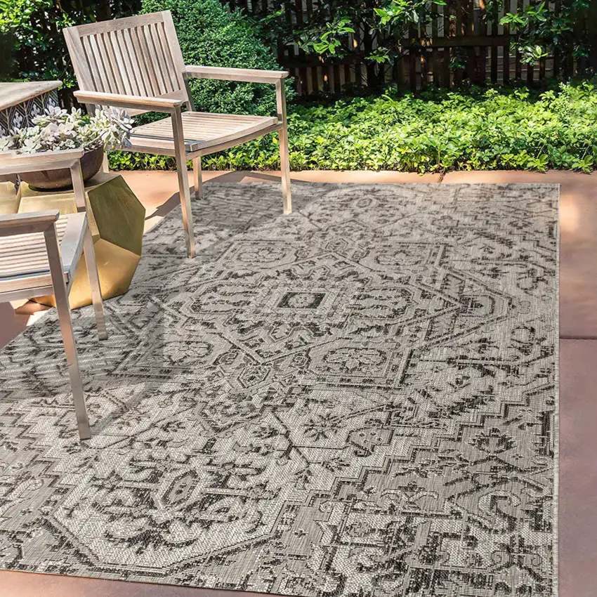 Black And Gray Medallion Indoor Outdoor Area Rug Photo 8