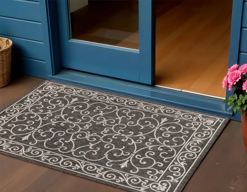 Black And Gray Medallion Indoor Outdoor Area Rug Photo 1