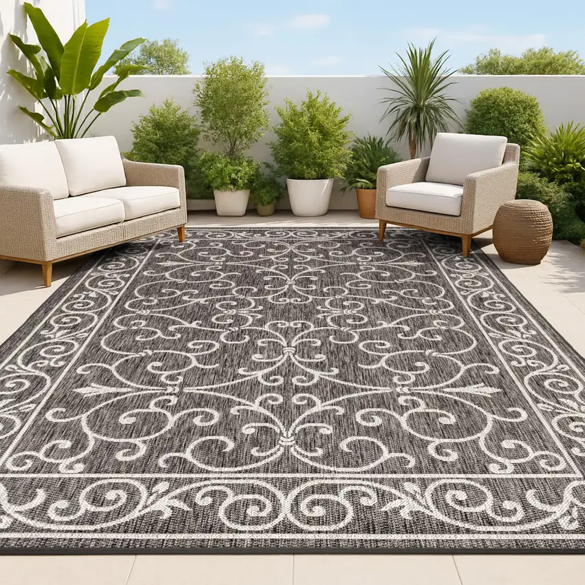 Black And Gray Medallion Indoor Outdoor Area Rug Photo 4