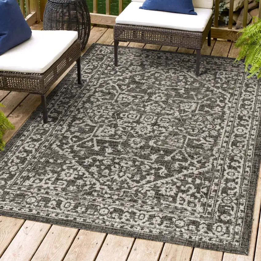 Black And Gray Medallion Indoor Outdoor Area Rug Photo 9