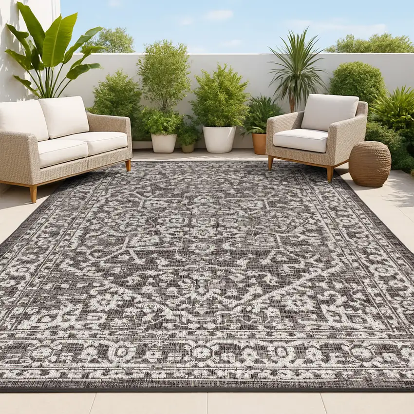 Black And Gray Medallion Indoor Outdoor Area Rug Photo 4