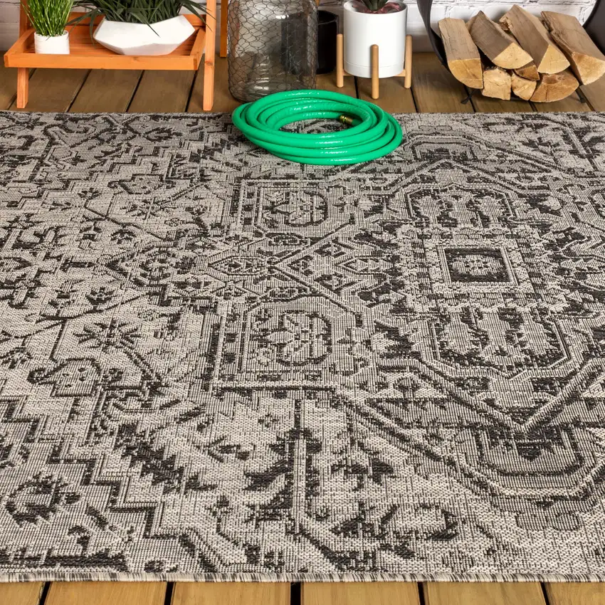 Black And Gray Medallion Indoor Outdoor Area Rug Photo 7