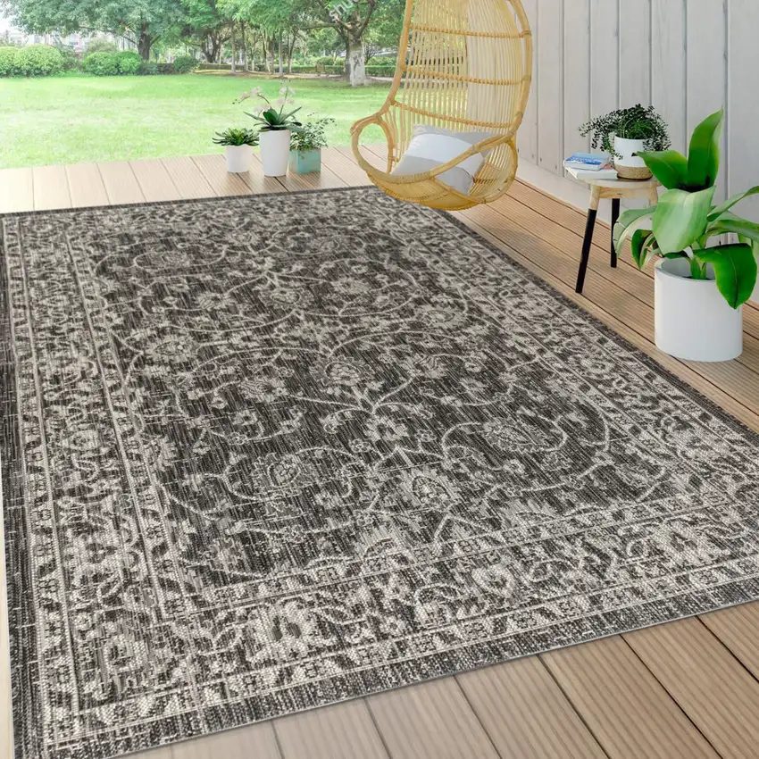 Black And Gray Medallion Indoor Outdoor Area Rug Photo 8